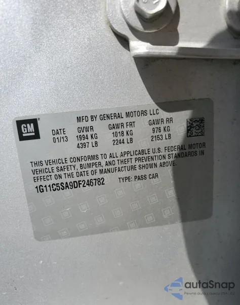 2013 Chevrolet Malibu 1Lt z USA, uszkodzony, nr VIN 1G11C5SA9DF246782